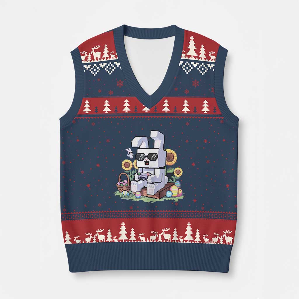Pixel Art Gamer Bunny Easter V-Neck Knit Sweater Vest Cool Retro Gaming Vibes - Wonder Print Shop