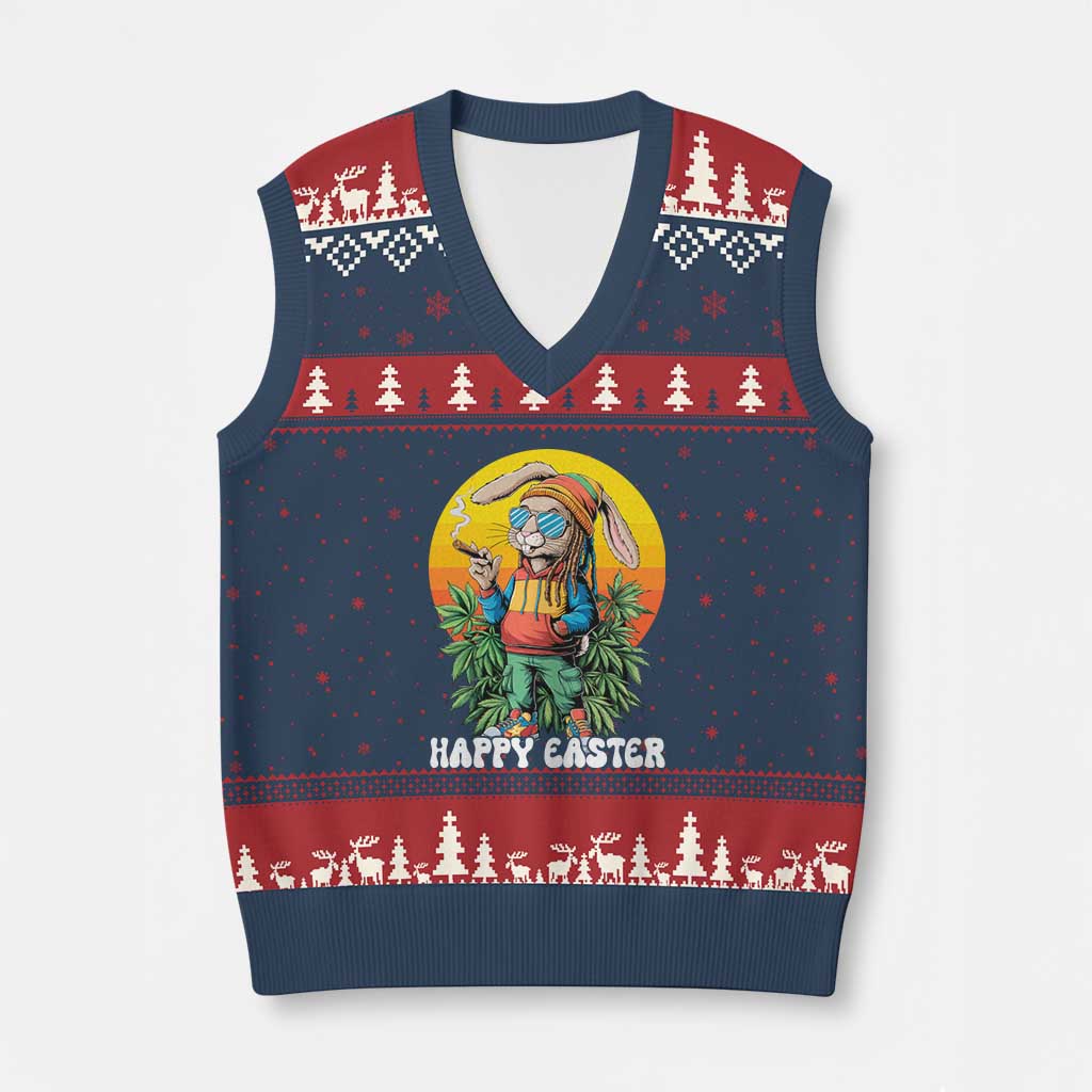 Happy 420 Easter V-Neck Knit Sweater Vest Funny Bunny Smoking Weed - Wonder Print Shop