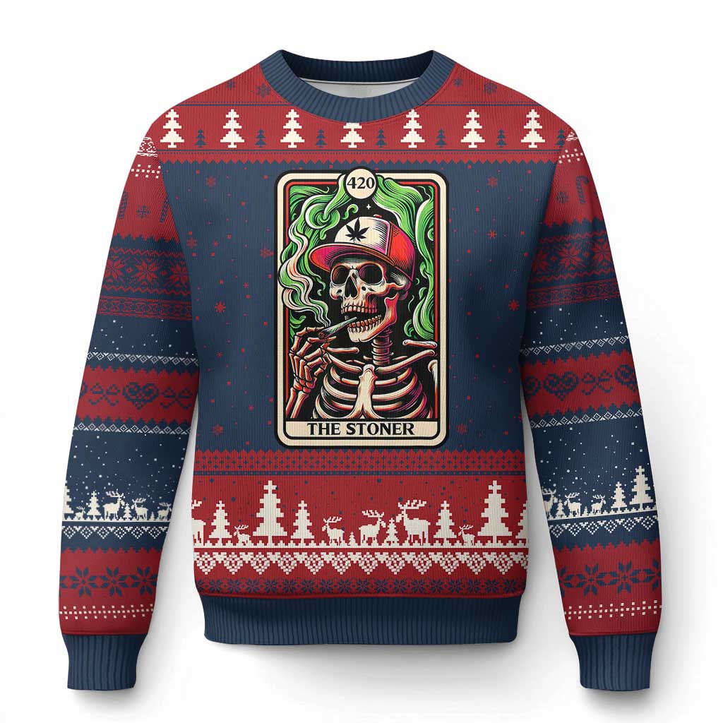 Skeleton 420 The Stoner Ugly Christmas Sweater Retro Tarot Card Weed Lover Cannabis Trippy Vibes - Wonder Print Shop