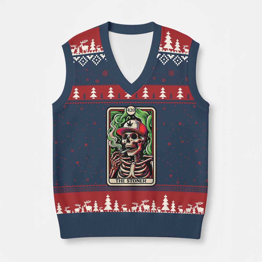 Skeleton 420 The Stoner V-Neck Knit Sweater Vest Retro Tarot Card Weed Lover Cannabis Trippy Vibes - Wonder Print Shop