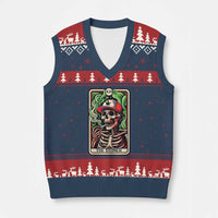 Skeleton 420 The Stoner V-Neck Knit Sweater Vest Retro Tarot Card Weed Lover Cannabis Trippy Vibes - Wonder Print Shop