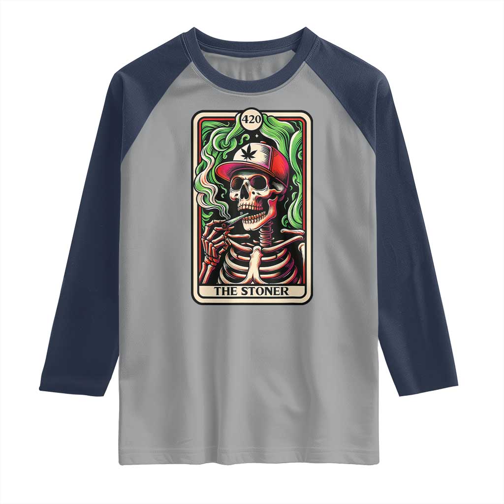 Skeleton 420 The Stoner Raglan Shirt Retro Tarot Card Weed Lover Cannabis Trippy Vibes