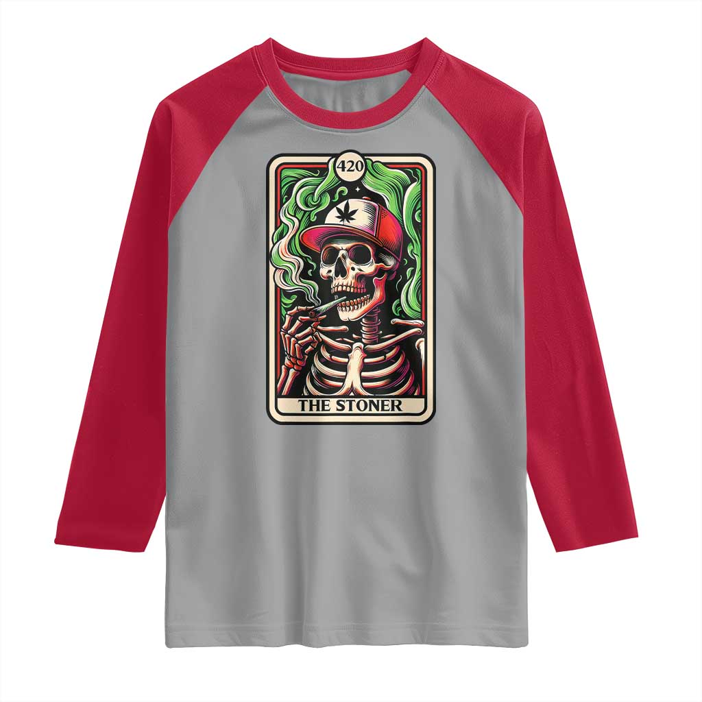 Skeleton 420 The Stoner Raglan Shirt Retro Tarot Card Weed Lover Cannabis Trippy Vibes
