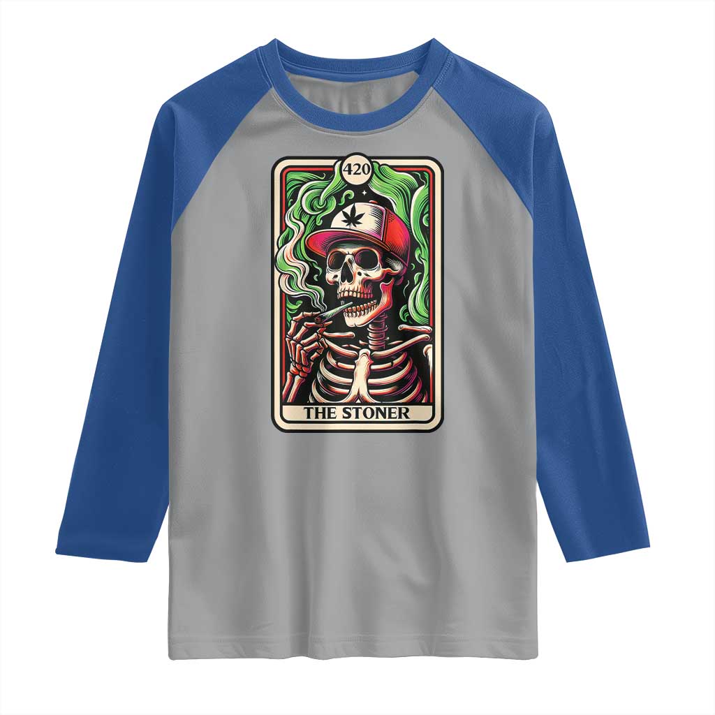 Skeleton 420 The Stoner Raglan Shirt Retro Tarot Card Weed Lover Cannabis Trippy Vibes