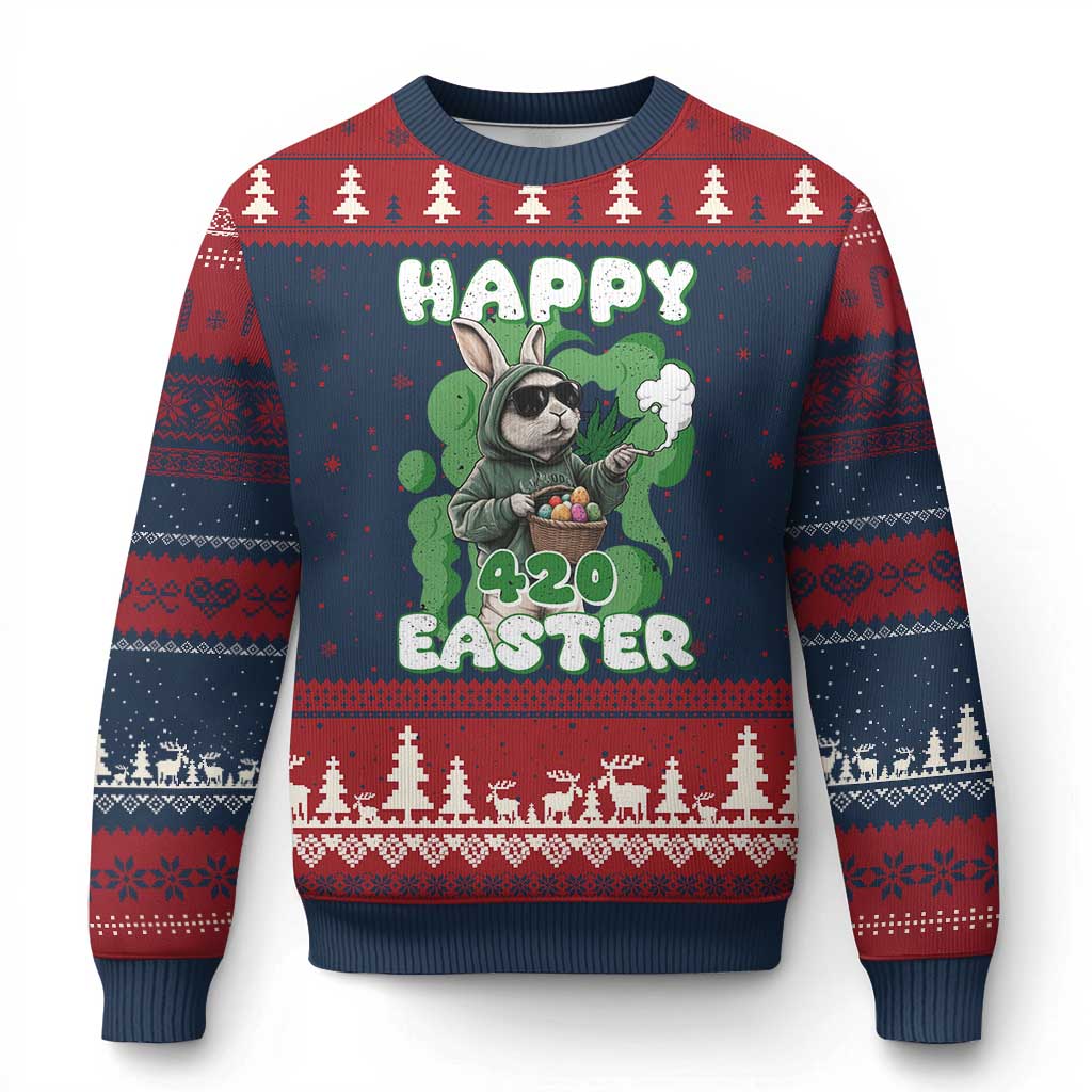 Happy 420 Easter Ugly Christmas Sweater Funny Smoking Easter Bunny - Wonder Print Shop