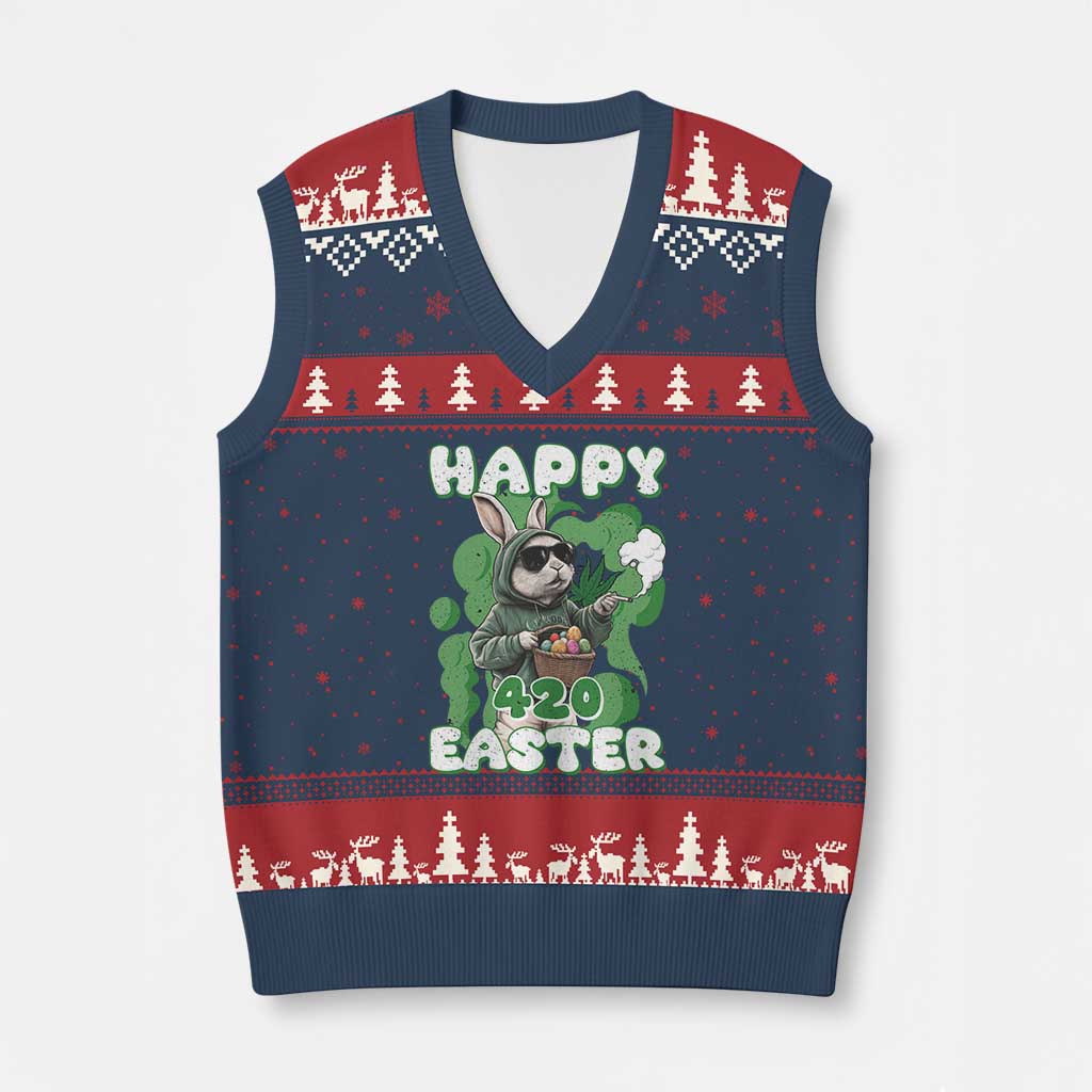 Happy 420 Easter V-Neck Knit Sweater Vest Funny Smoking Easter Bunny - Wonder Print Shop