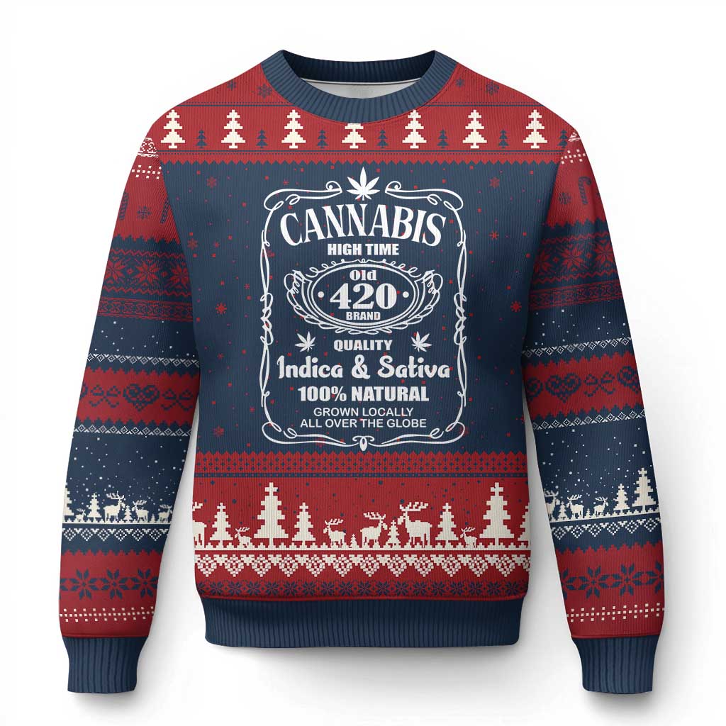 Funny Cannabis High Time Ugly Christmas Sweater Old 420 Quality Indica & Sativa Weed - Wonder Print Shop