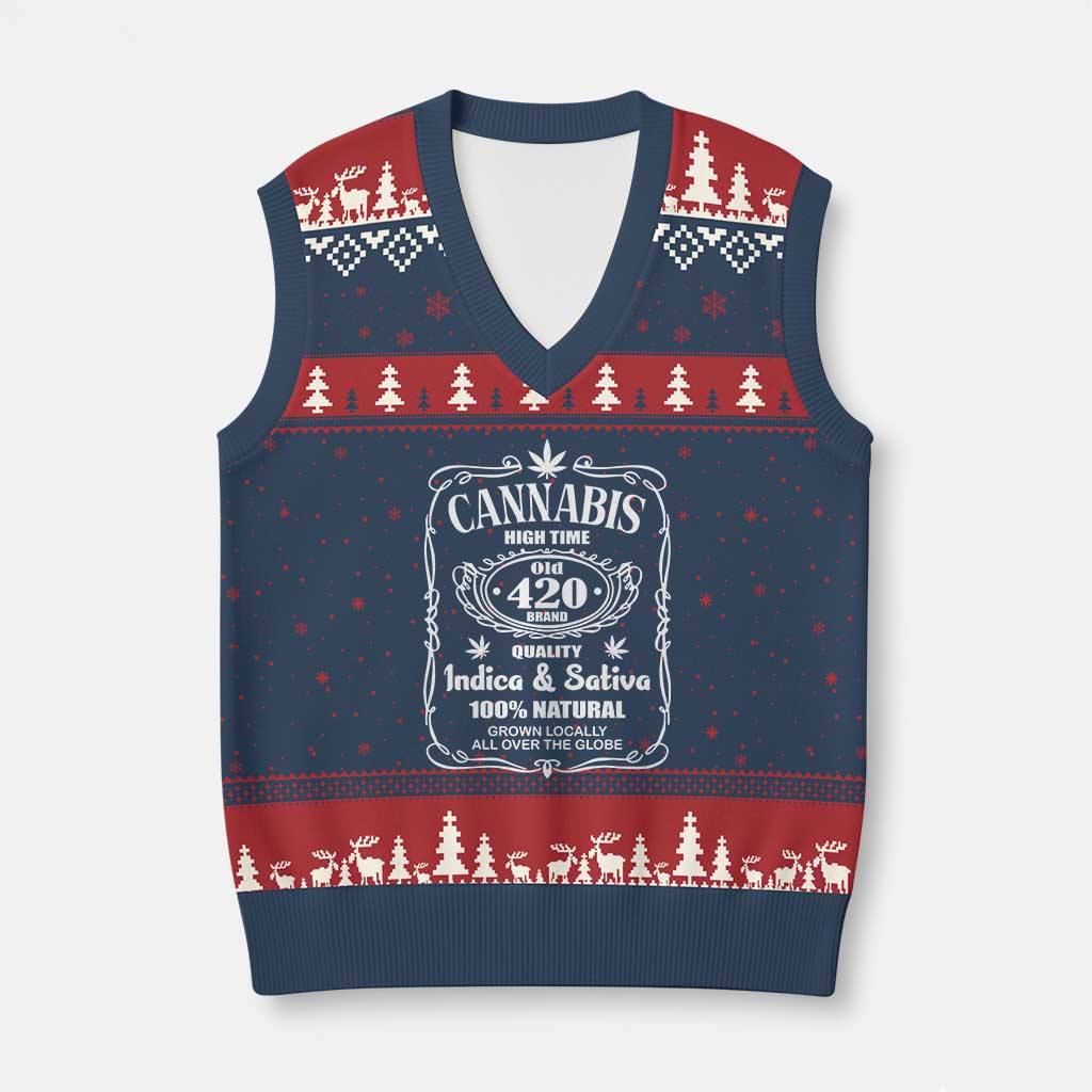 Funny Cannabis High Time V-Neck Knit Sweater Vest Old 420 Quality Indica & Sativa Weed - Wonder Print Shop