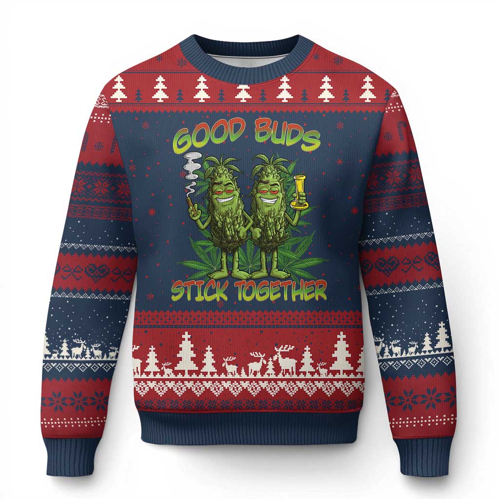 Funny Marijuana Ugly Christmas Sweater Good Buds Stick Together Couples 420 Weed Cannabis - Wonder Print Shop