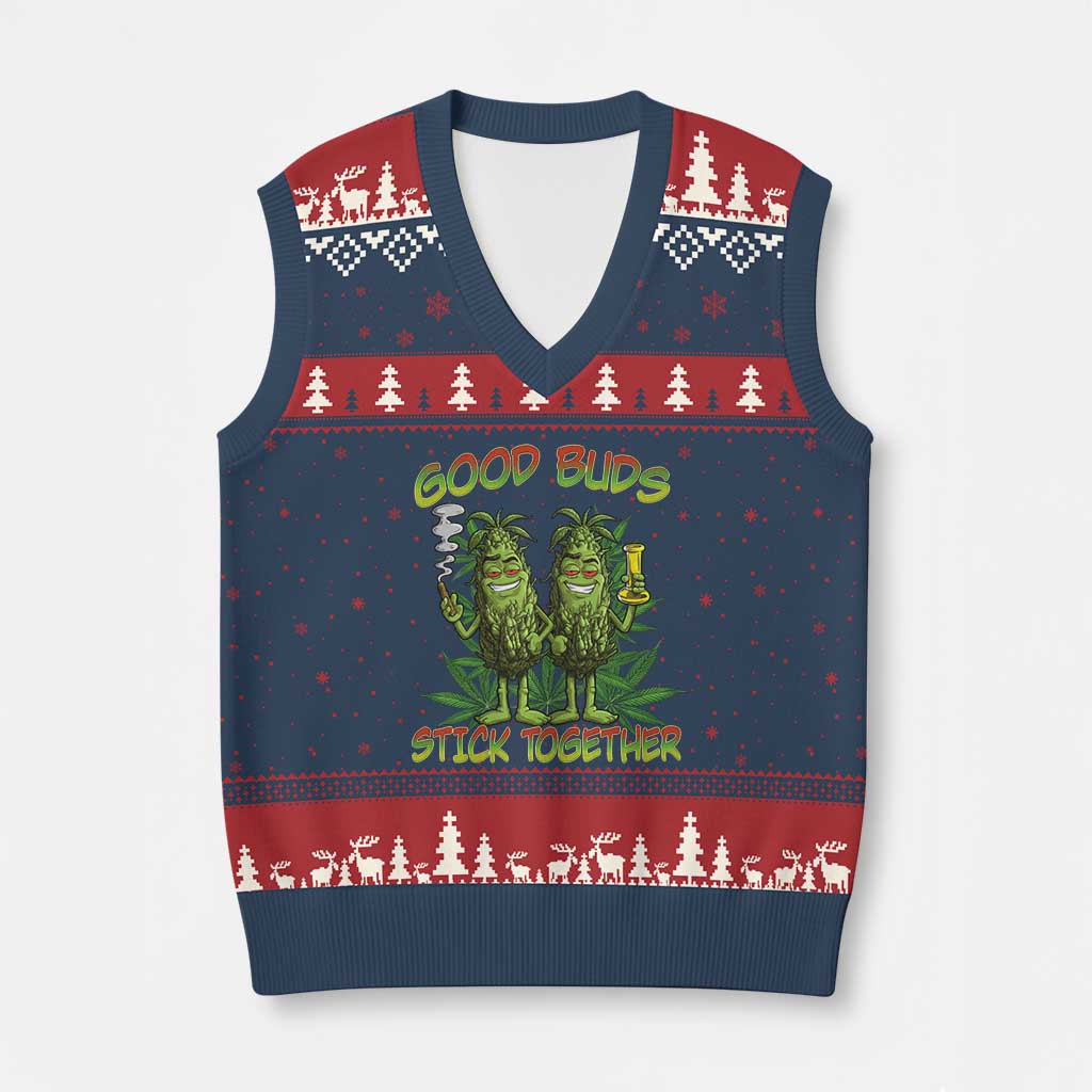 Funny Marijuana V-Neck Knit Sweater Vest Good Buds Stick Together Couples 420 Weed Cannabis - Wonder Print Shop