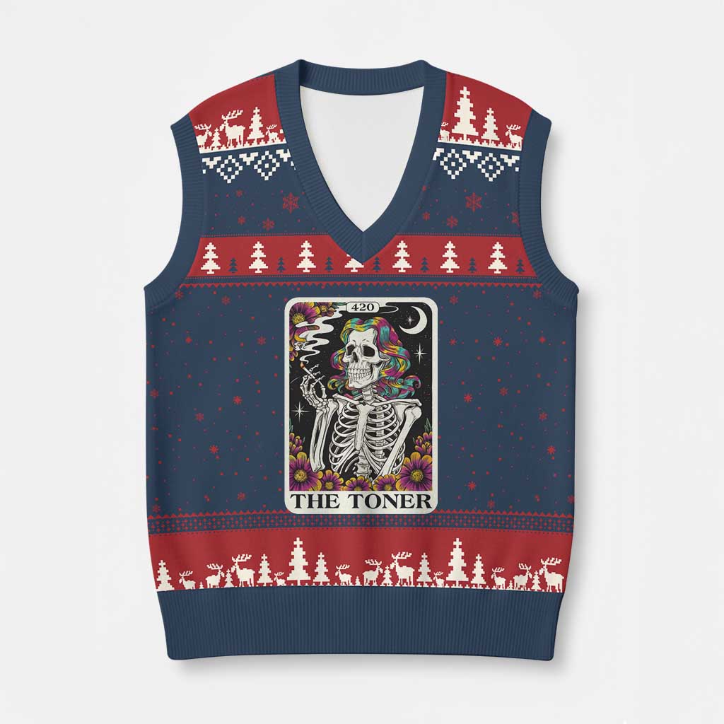 Skeleton 420 Cannabis V-Neck Knit Sweater Vest Tarot Card The Stoner Weed Lover - Wonder Print Shop
