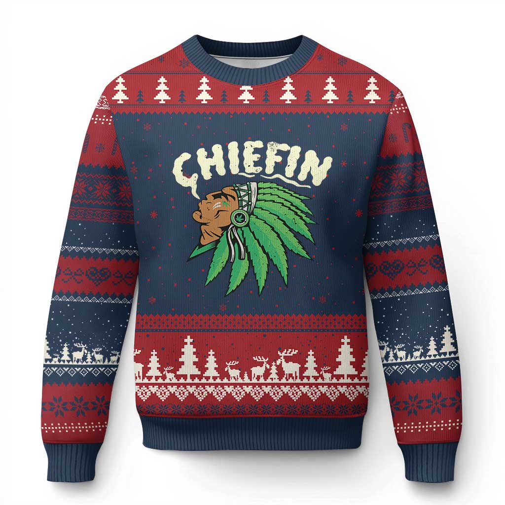 Chiefin Weed Smoking Ugly Christmas Sweater Funny 420 Cannabis Pot THC Smoker - Wonder Print Shop
