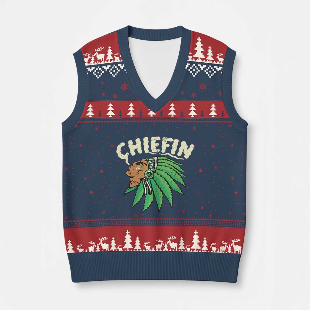 Chiefin Weed Smoking V-Neck Knit Sweater Vest Funny 420 Cannabis Pot THC Smoker - Wonder Print Shop