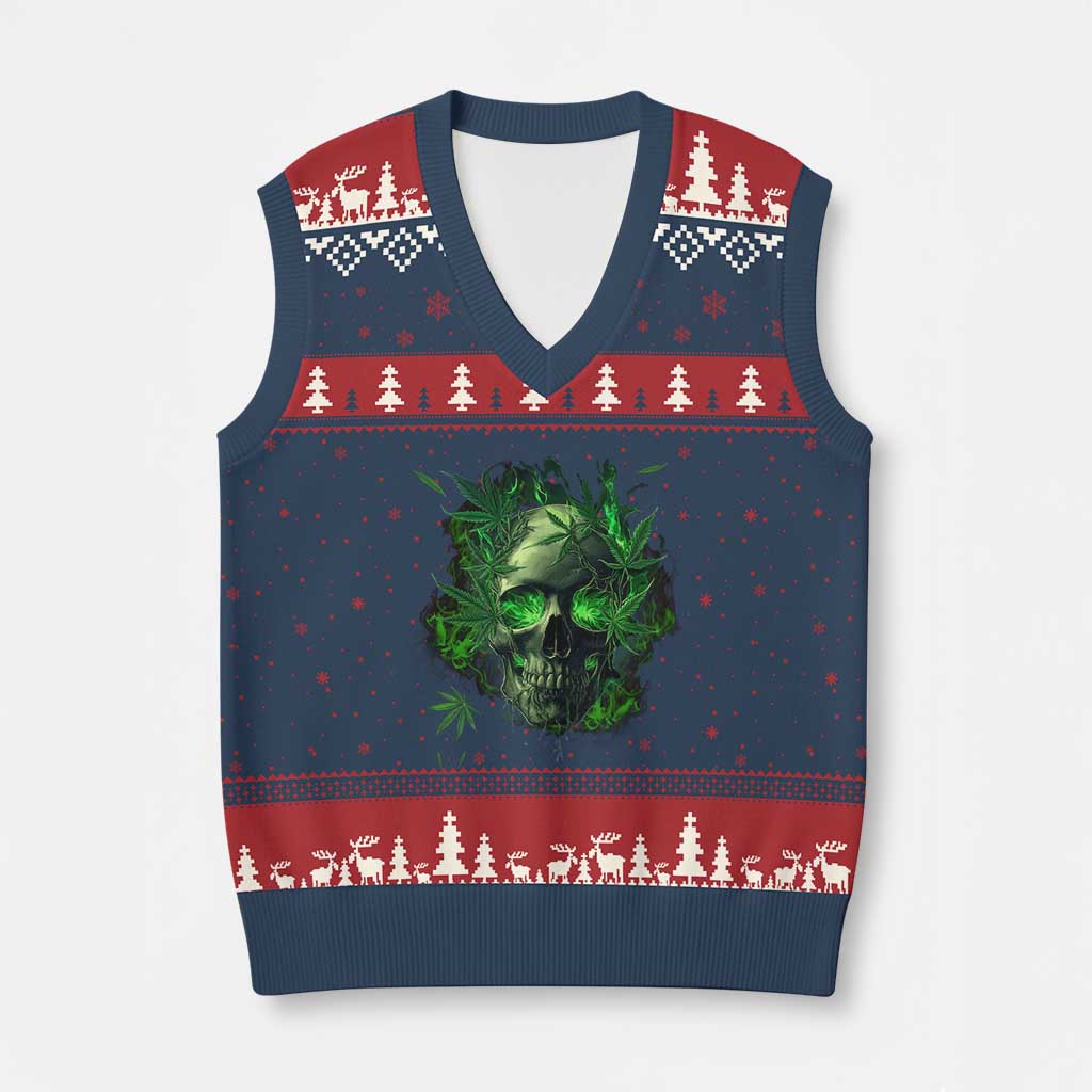 Marijuana Skull V-Neck Knit Sweater Vest Smoke Weed Cannabis 420 Pot Leaf - Wonder Print Shop