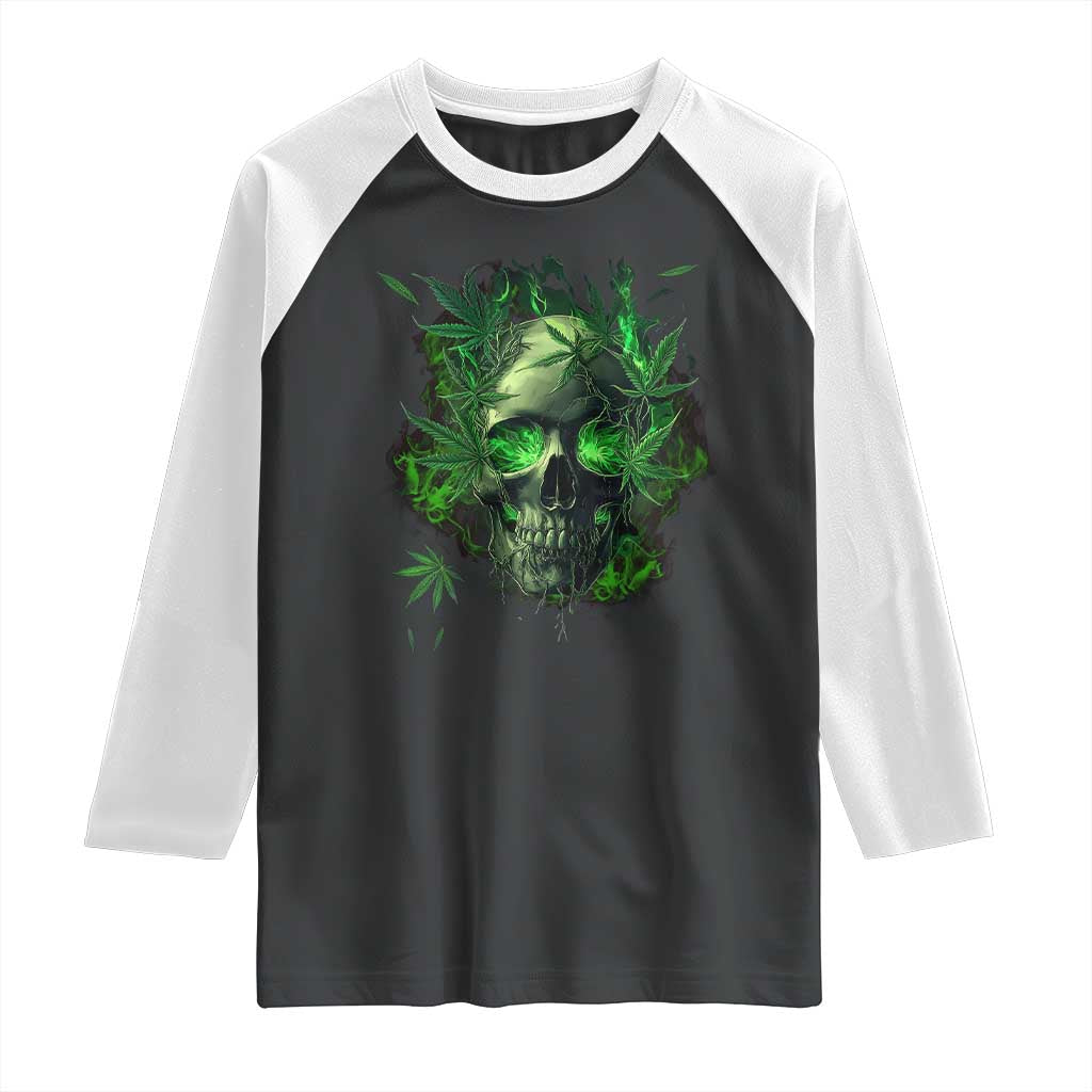 Marijuana Skull Raglan Shirt Smoke Weed Cannabis 420 Pot Leaf