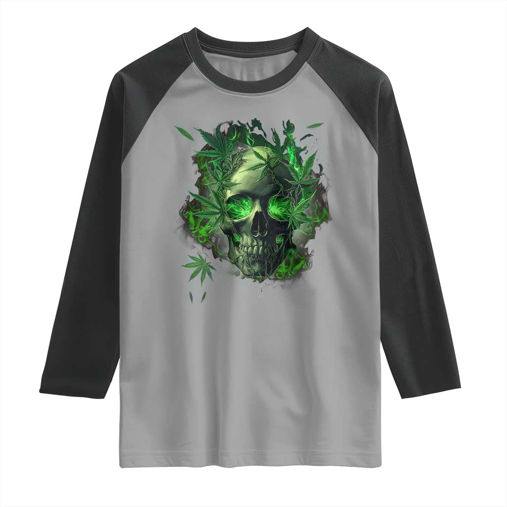 Marijuana Skull Raglan Shirt Smoke Weed Cannabis 420 Pot Leaf