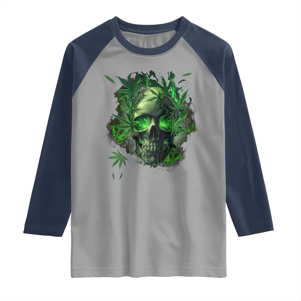 Marijuana Skull Raglan Shirt Smoke Weed Cannabis 420 Pot Leaf