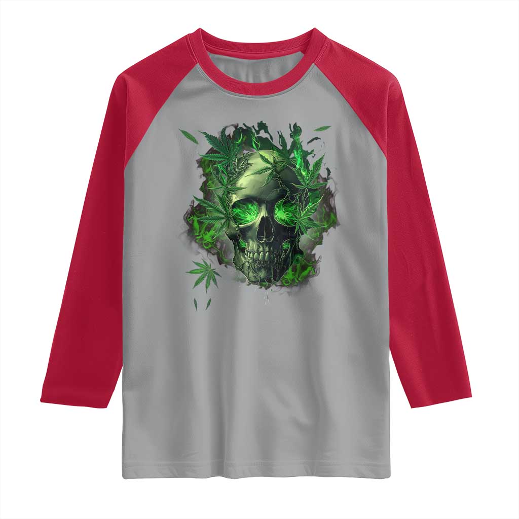 Marijuana Skull Raglan Shirt Smoke Weed Cannabis 420 Pot Leaf
