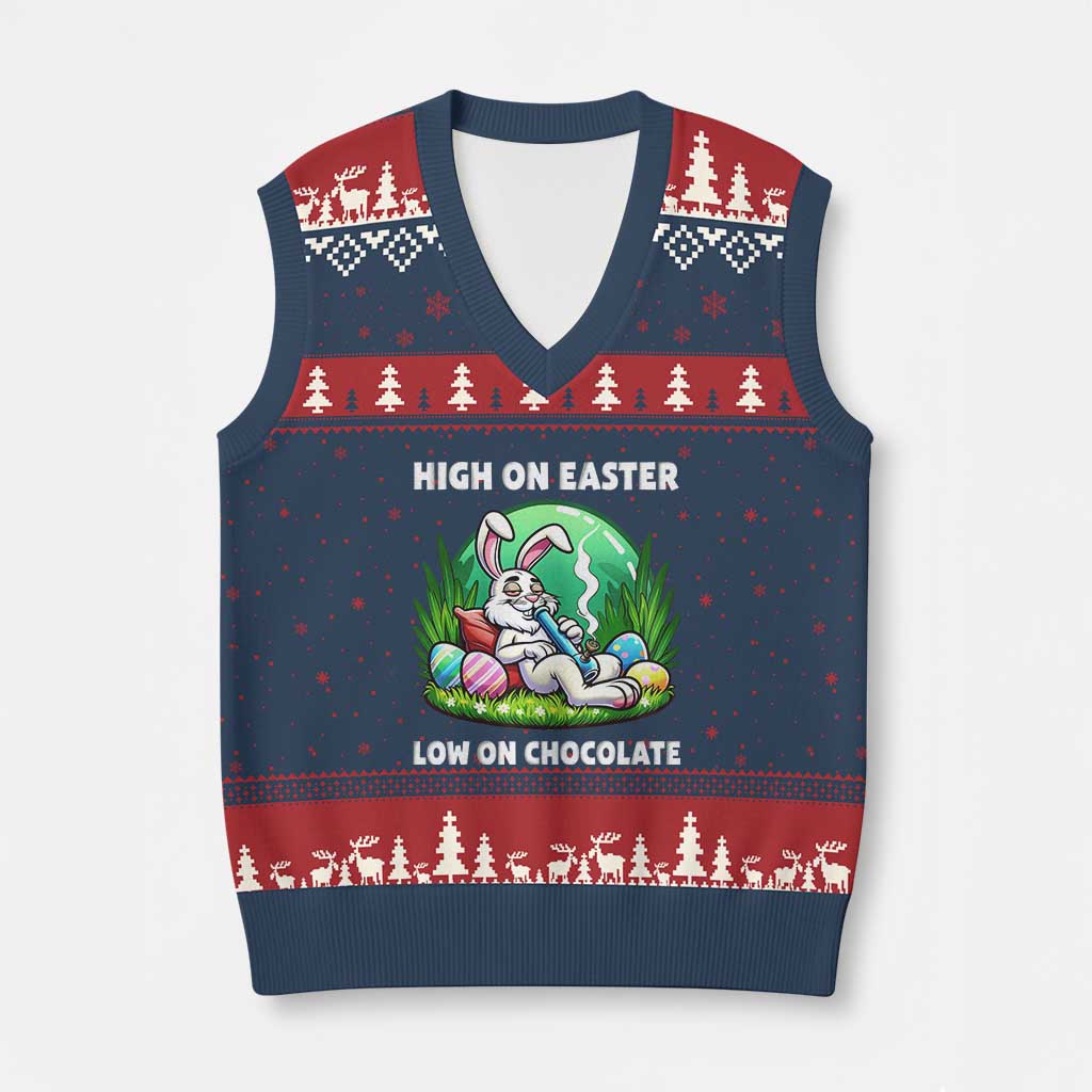 Happy 420 Easter V-Neck Knit Sweater Vest Funny Bunny Marijuana Cannabis Weed - Wonder Print Shop