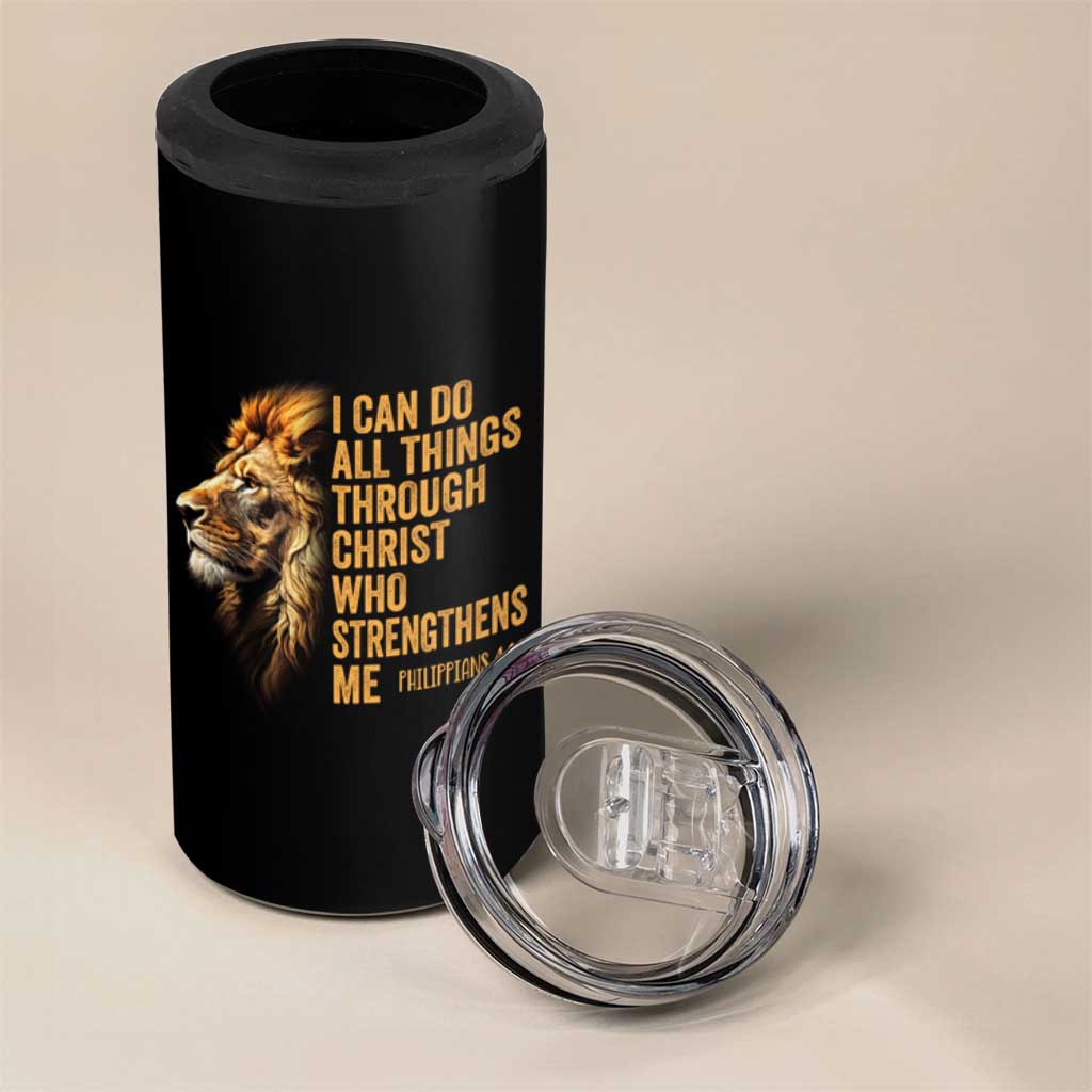 Christian Faith 4 in 1 Can Cooler Tumbler Philippians 4:13 Religious Lion Strengthens