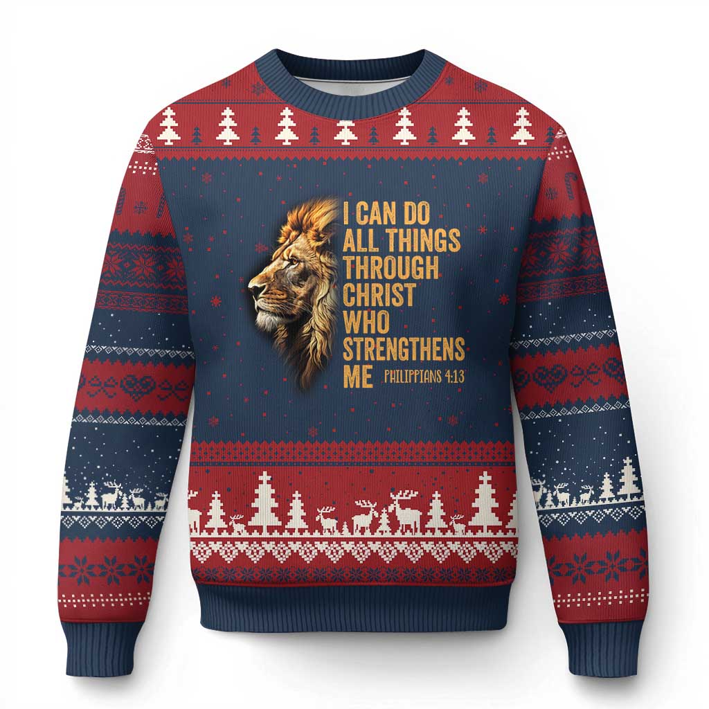 Christian Faith Ugly Christmas Sweater Philippians 4:13 Religious Lion Strengthens - Wonder Print Shop