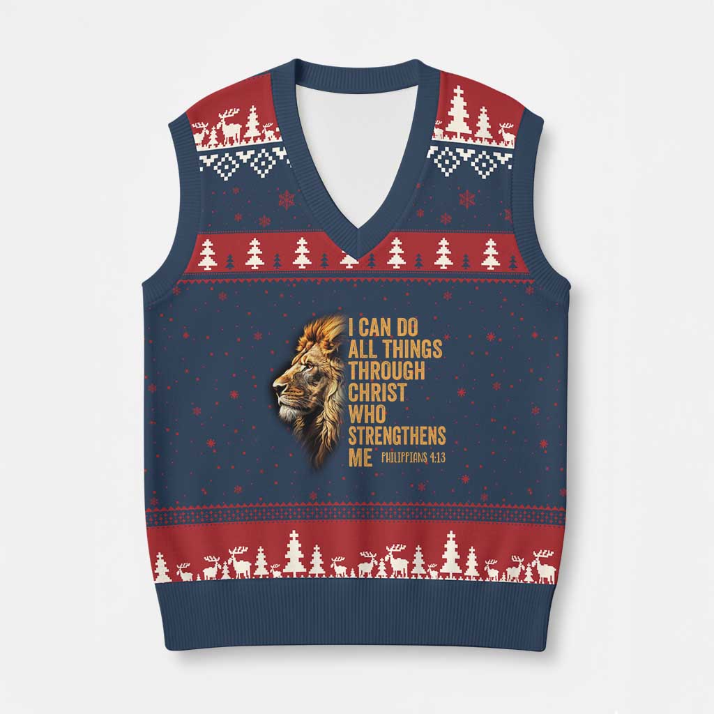 Christian Faith V-Neck Knit Sweater Vest Philippians 4:13 Religious Lion Strengthens - Wonder Print Shop