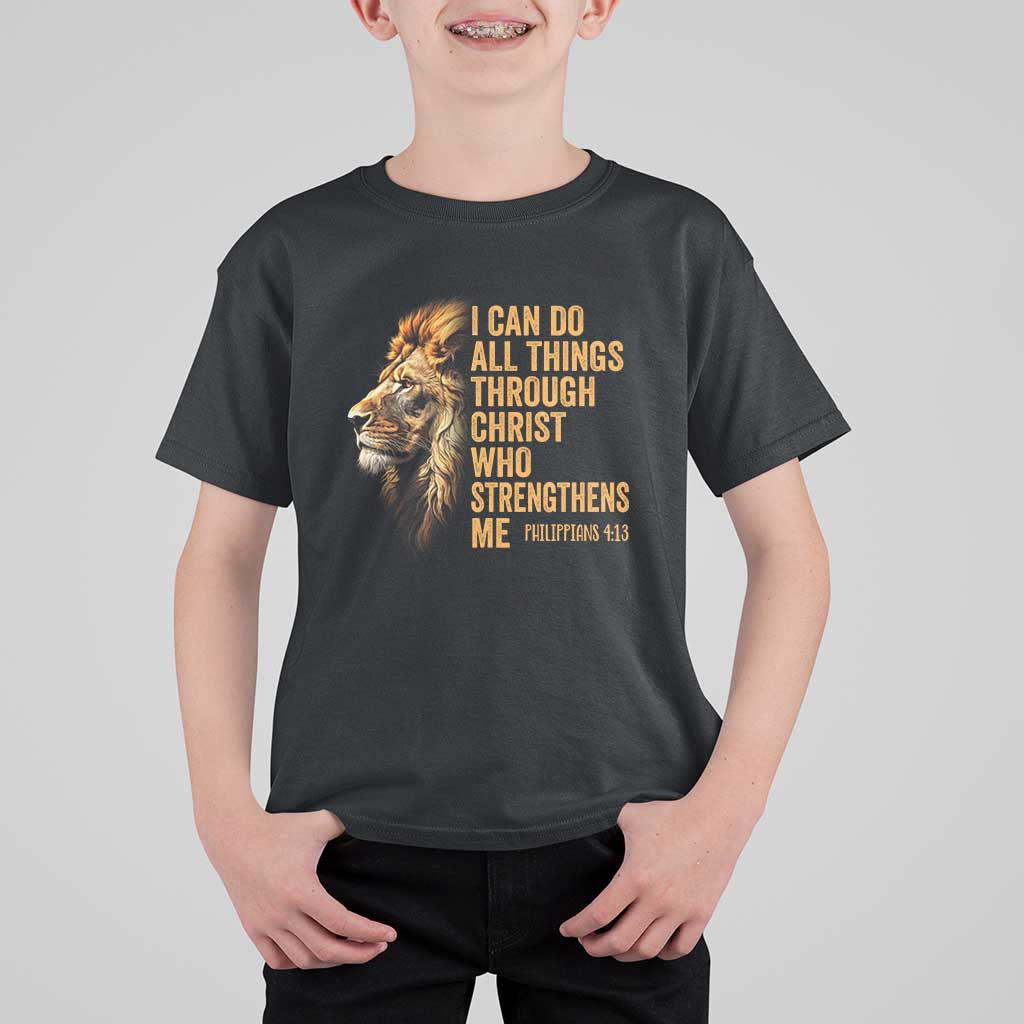 Christian Faith T Shirt For Kid Philippians 4:13 Religious Lion Strengthens