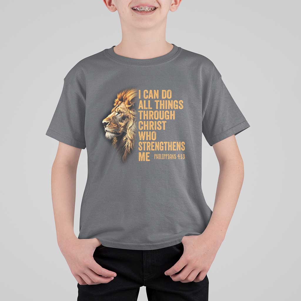 Christian Faith T Shirt For Kid Philippians 4:13 Religious Lion Strengthens