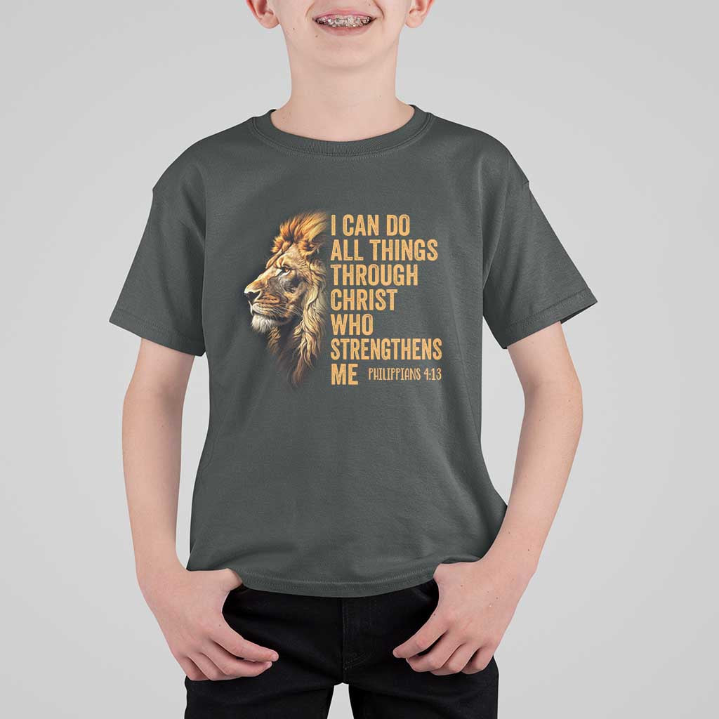 Christian Faith T Shirt For Kid Philippians 4:13 Religious Lion Strengthens