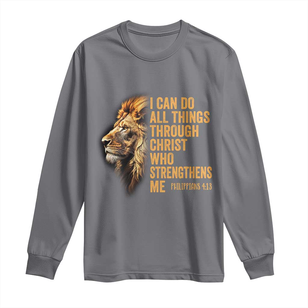 Christian Faith Long Sleeve Shirt Philippians 4:13 Religious Lion Strengthens