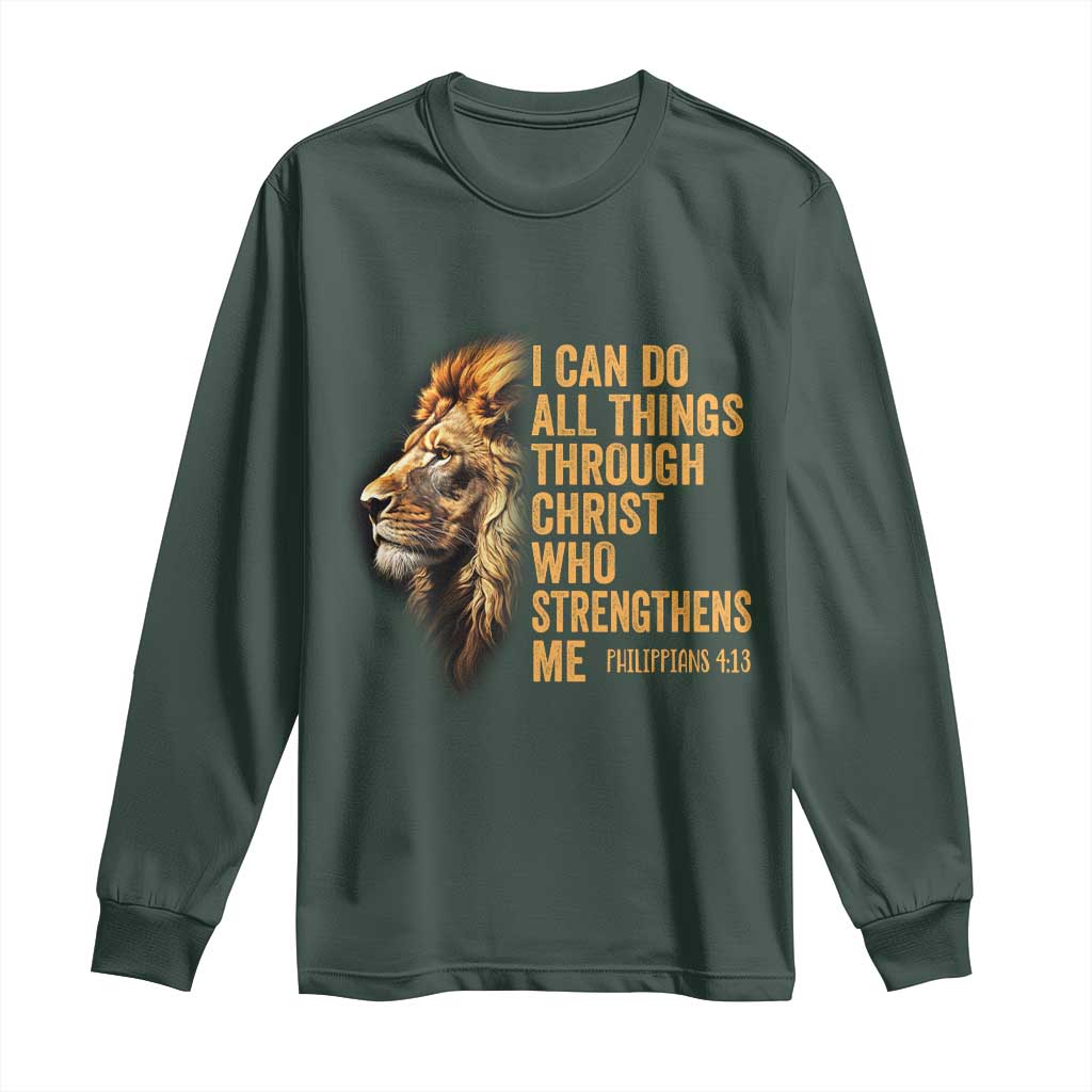 Christian Faith Long Sleeve Shirt Philippians 4:13 Religious Lion Strengthens