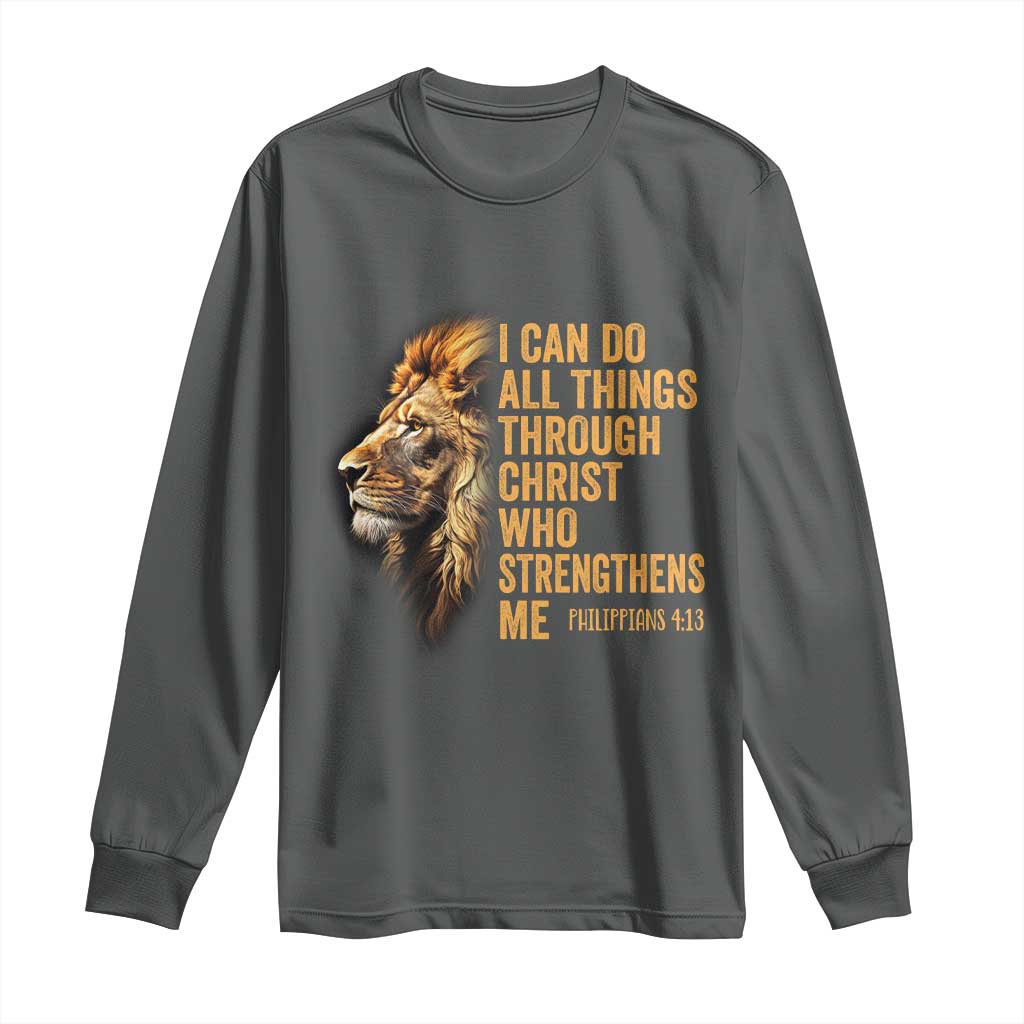Christian Faith Long Sleeve Shirt Philippians 4:13 Religious Lion Strengthens