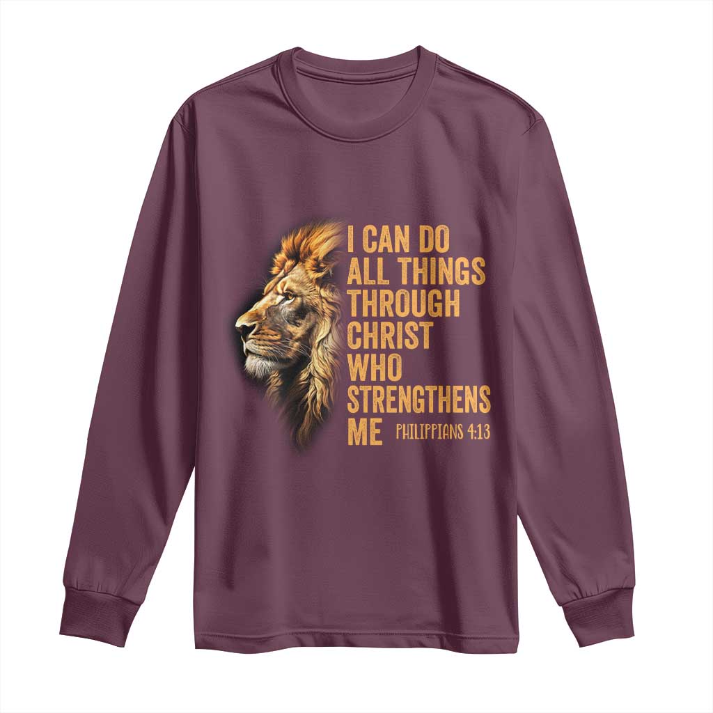 Christian Faith Long Sleeve Shirt Philippians 4:13 Religious Lion Strengthens