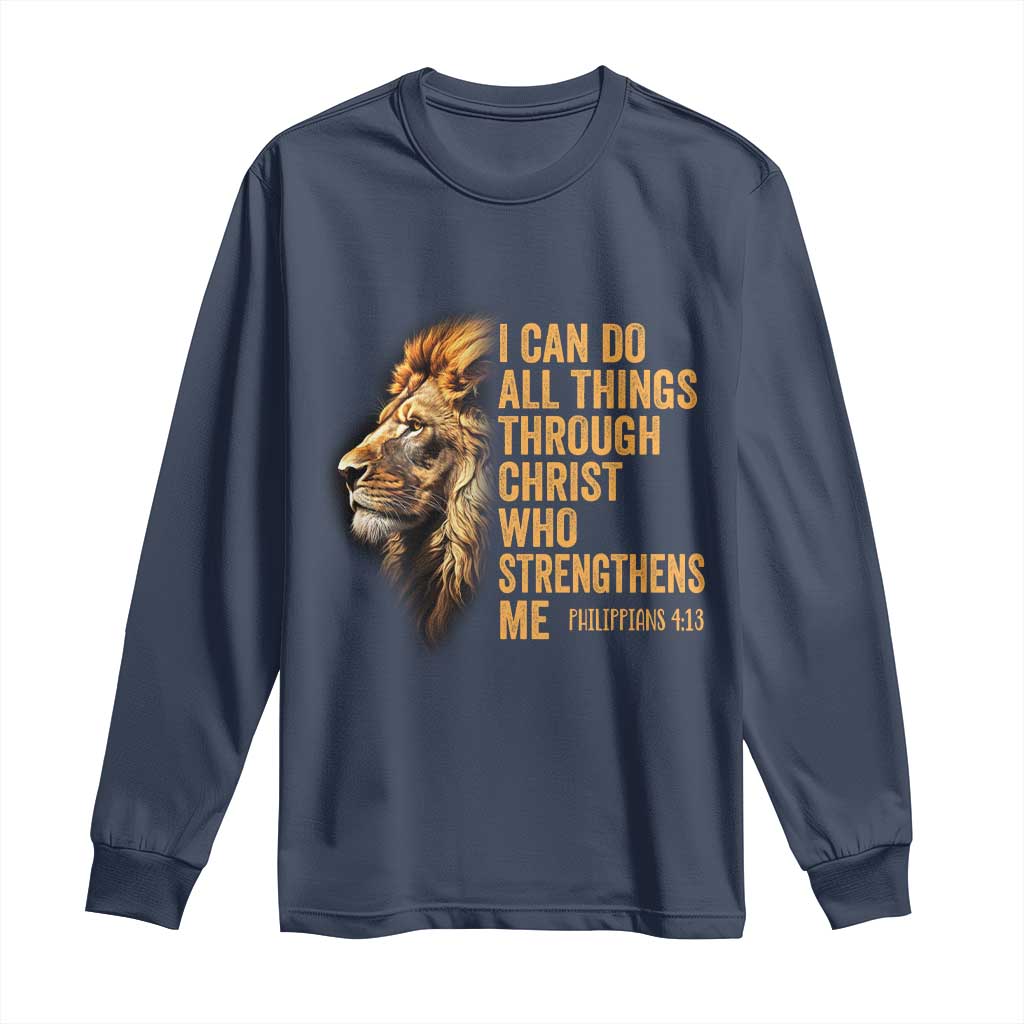 Christian Faith Long Sleeve Shirt Philippians 4:13 Religious Lion Strengthens