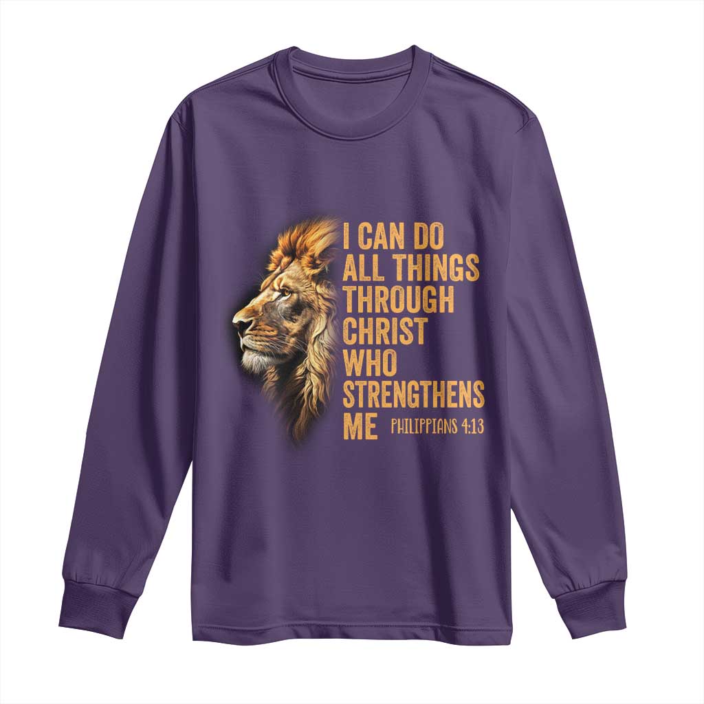 Christian Faith Long Sleeve Shirt Philippians 4:13 Religious Lion Strengthens