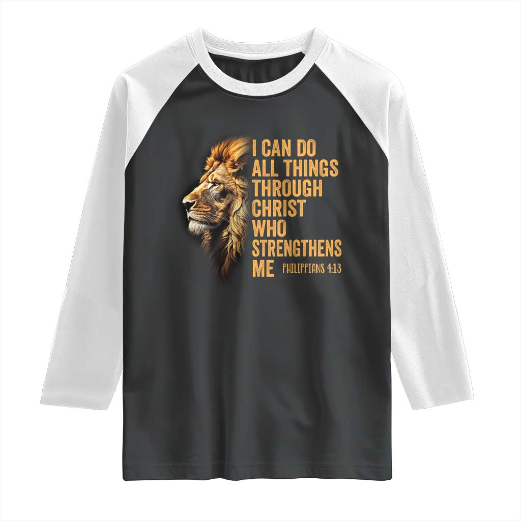 Christian Faith Raglan Shirt Philippians 4:13 Religious Lion Strengthens