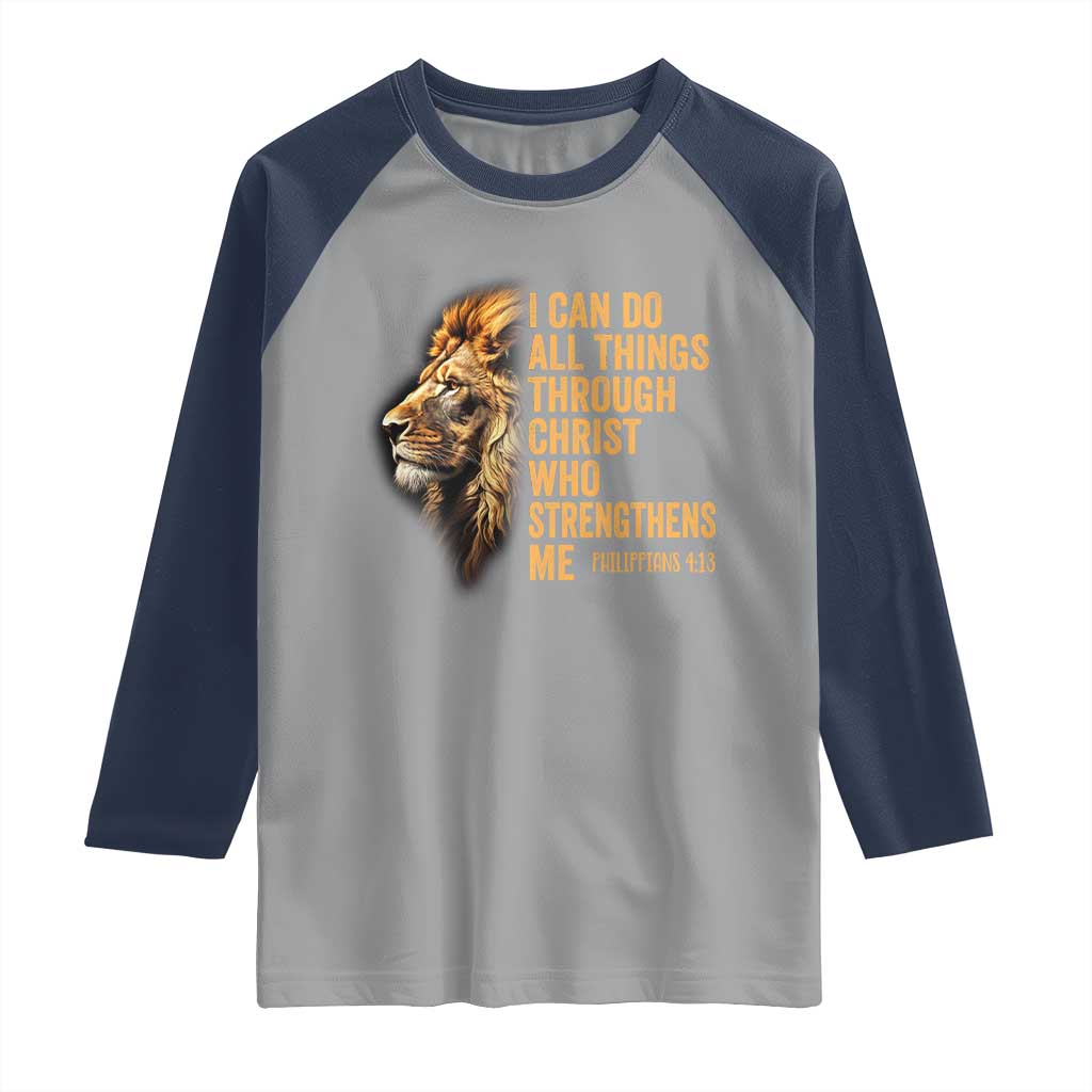Christian Faith Raglan Shirt Philippians 4:13 Religious Lion Strengthens