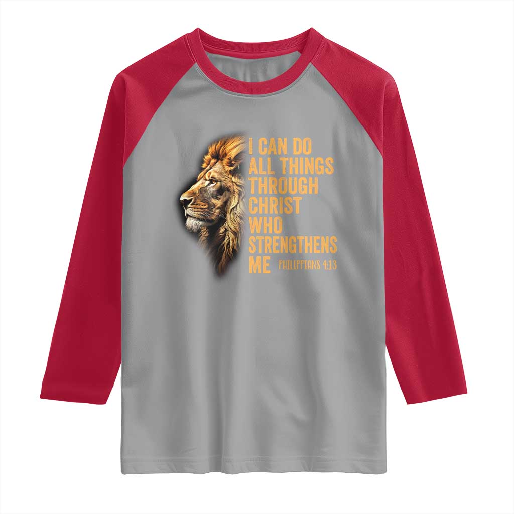 Christian Faith Raglan Shirt Philippians 4:13 Religious Lion Strengthens