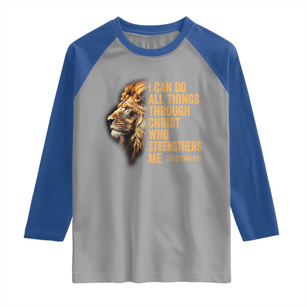 Christian Faith Raglan Shirt Philippians 4:13 Religious Lion Strengthens