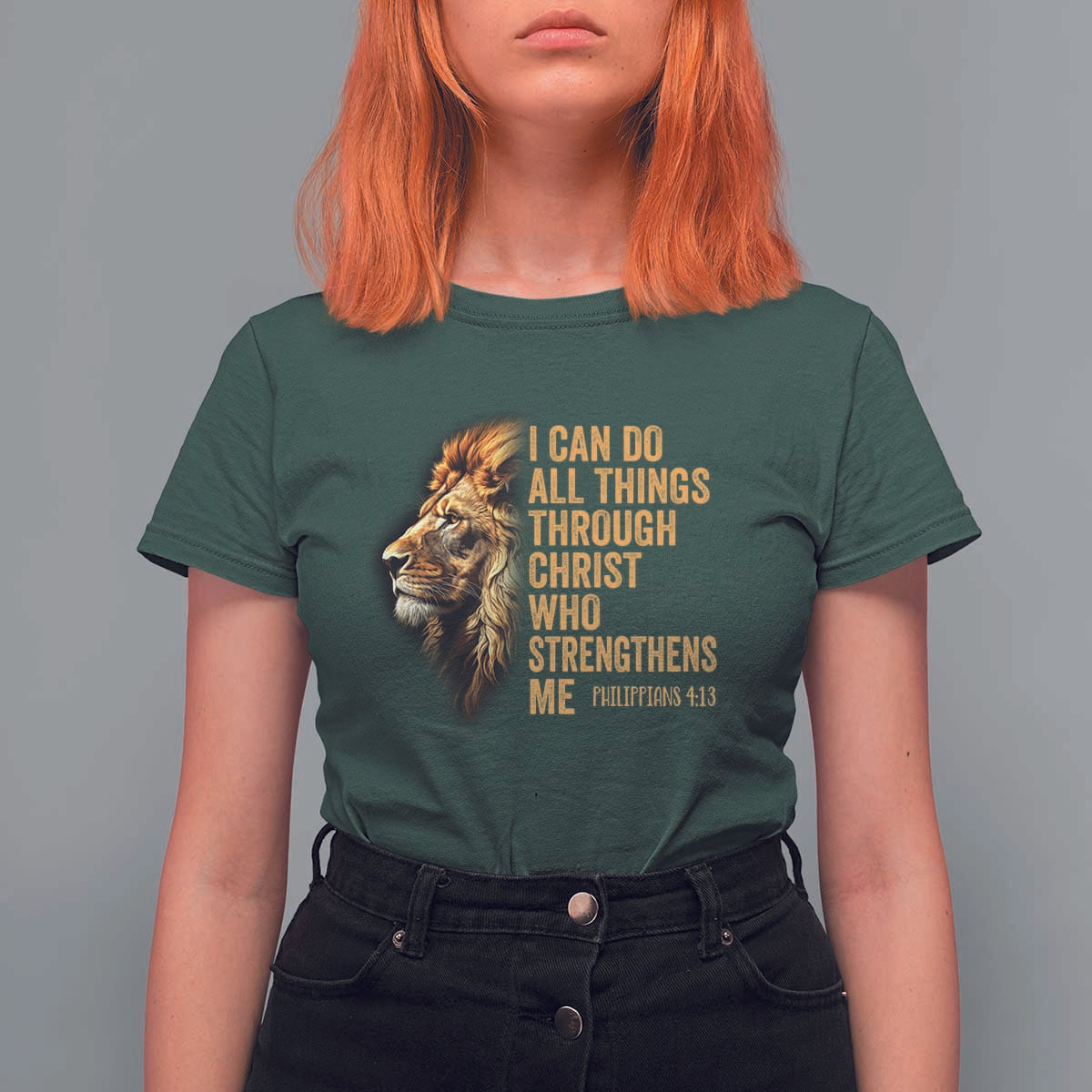 Christian Faith T Shirt For Women Philippians 4:13 Religious Lion Strengthens