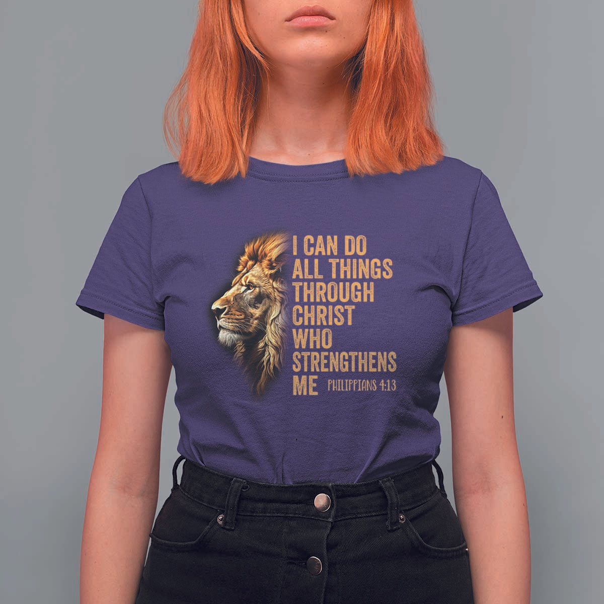 Christian Faith T Shirt For Women Philippians 4:13 Religious Lion Strengthens