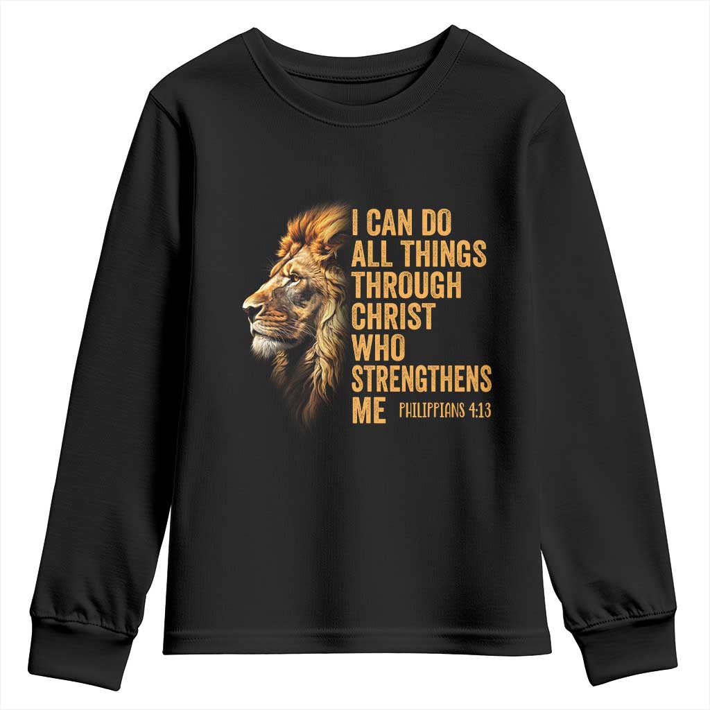 Christian Faith Youth Sweatshirt Philippians 4:13 Religious Lion Strengthens