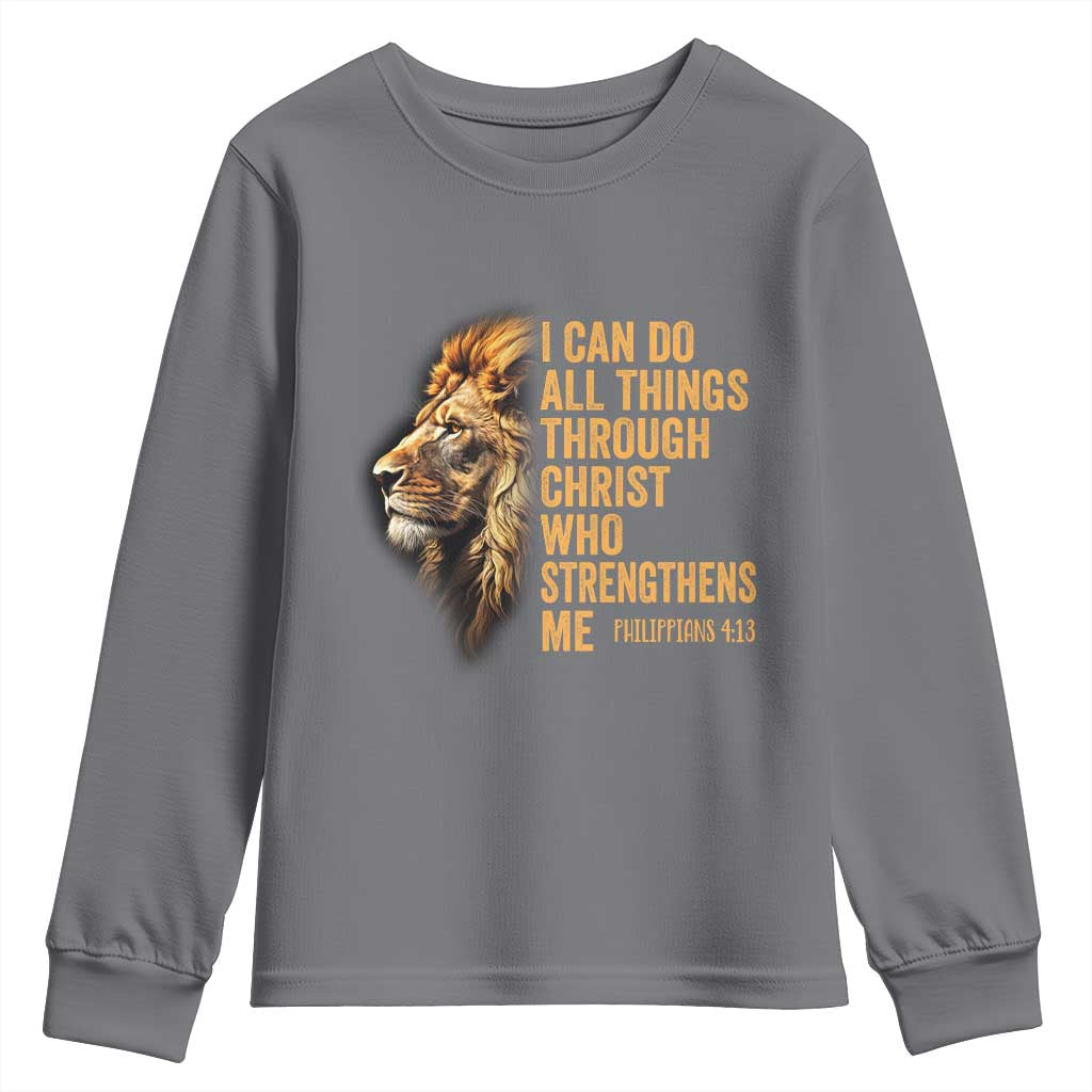 Christian Faith Youth Sweatshirt Philippians 4:13 Religious Lion Strengthens