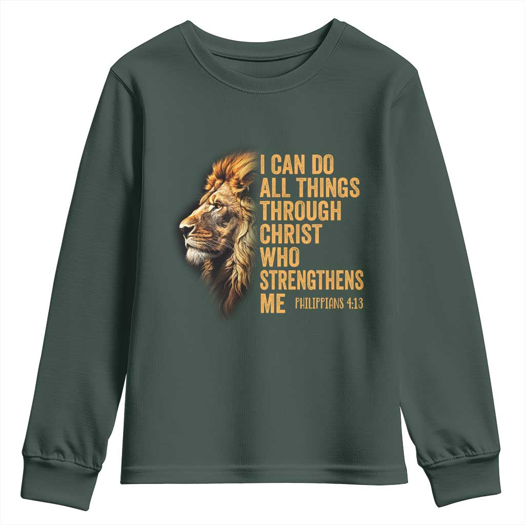 Christian Faith Youth Sweatshirt Philippians 4:13 Religious Lion Strengthens