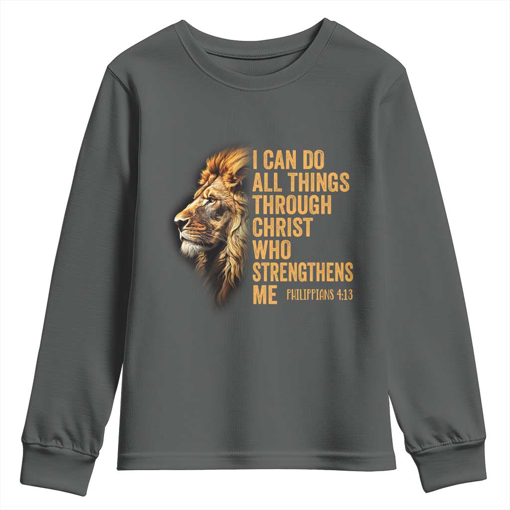 Christian Faith Youth Sweatshirt Philippians 4:13 Religious Lion Strengthens