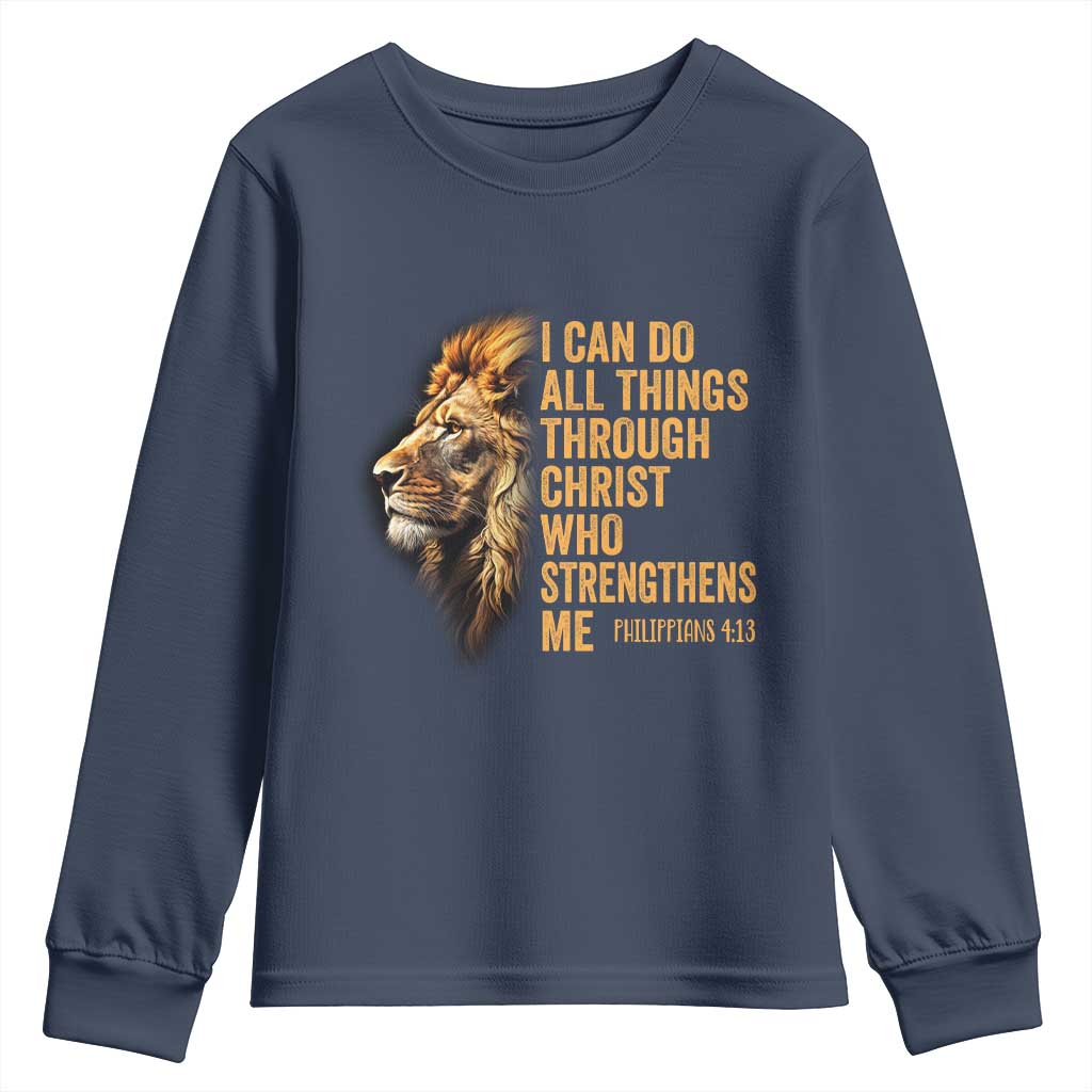 Christian Faith Youth Sweatshirt Philippians 4:13 Religious Lion Strengthens