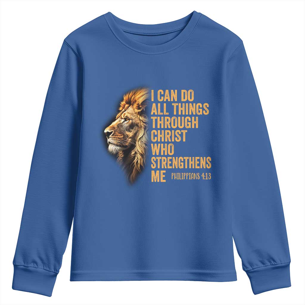 Christian Faith Youth Sweatshirt Philippians 4:13 Religious Lion Strengthens