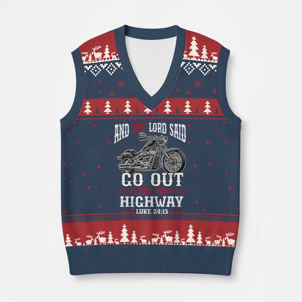 Christian Biker V-Neck Knit Sweater Vest Lord Said Go Out Into Highways Faith Motorcycle - Wonder Print Shop