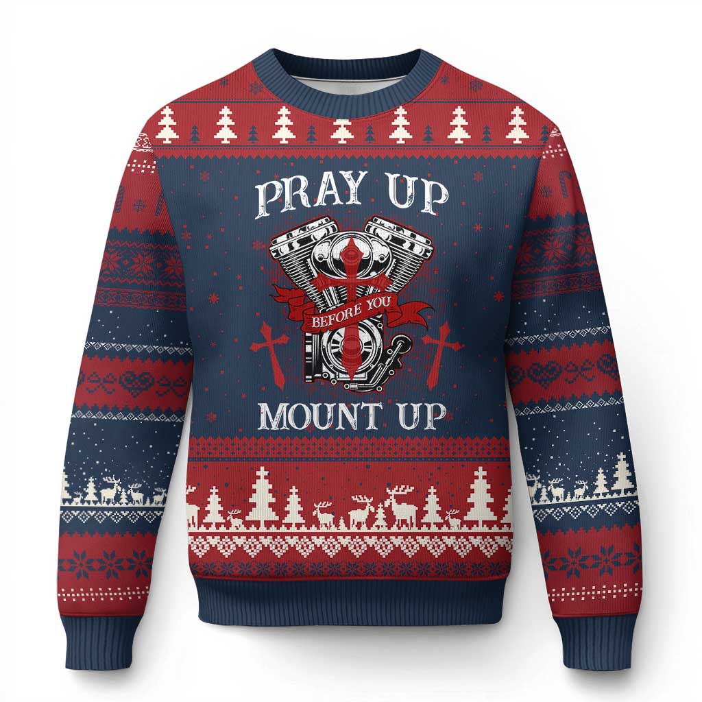 Christian Biker Ugly Christmas Sweater Pray Up Before You Mount Up Faith - Wonder Print Shop