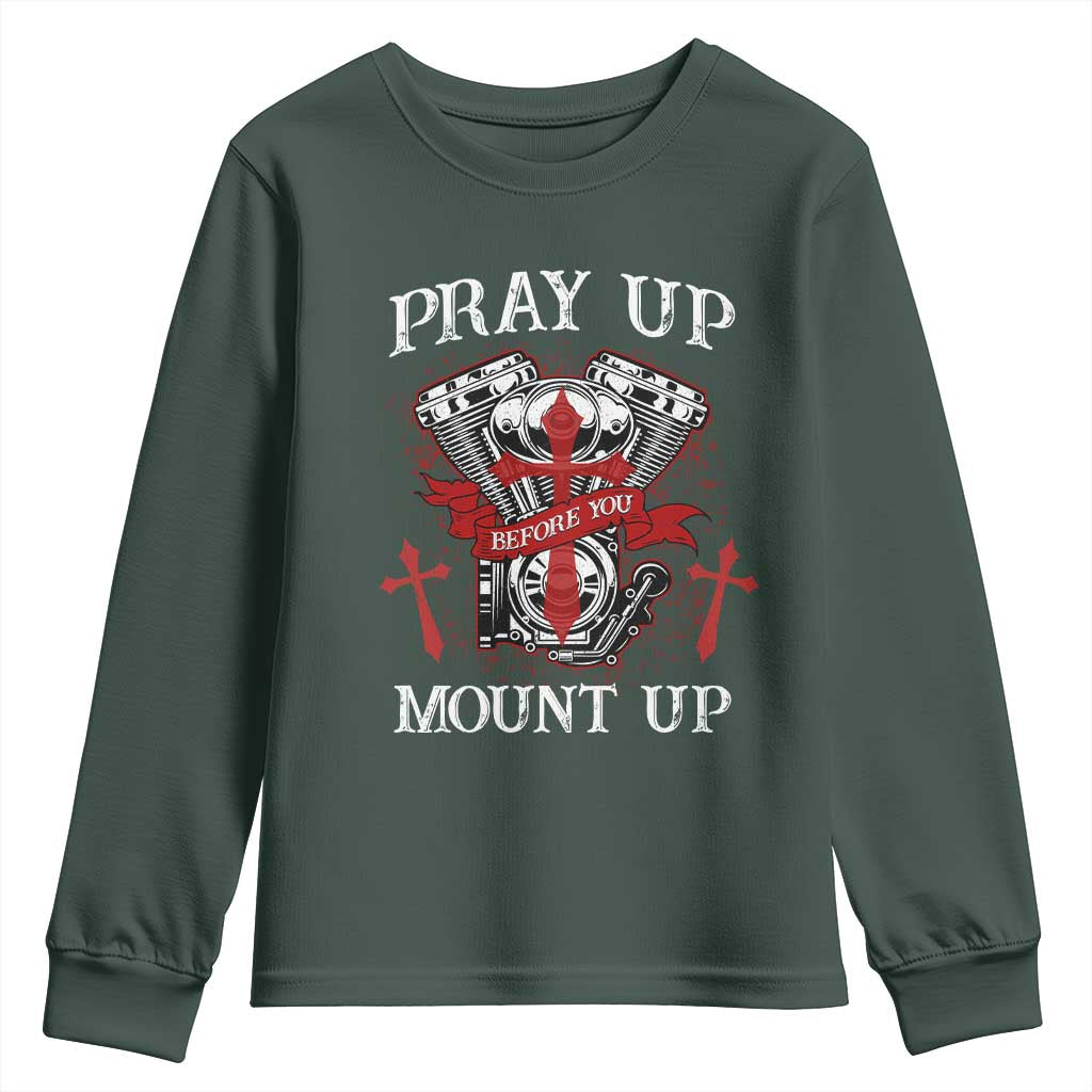 Christian Biker Youth Sweatshirt Pray Up Before You Mount Up Faith